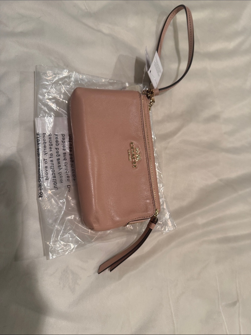 Coach Mini Wristlet in Blush Pink Pebbled Leather with Gold Hardware
